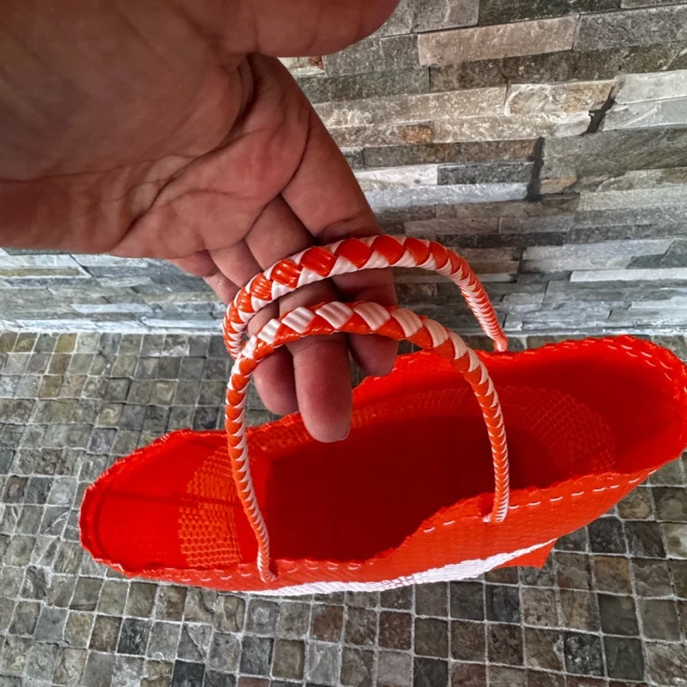 Orange and White Woven Tote Bag - Picture 3 of 8